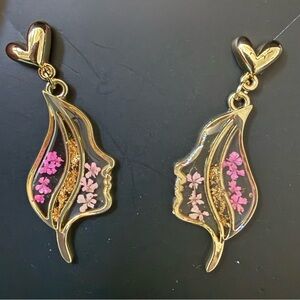 Handmade Gold and Pink Floral Face Earrings